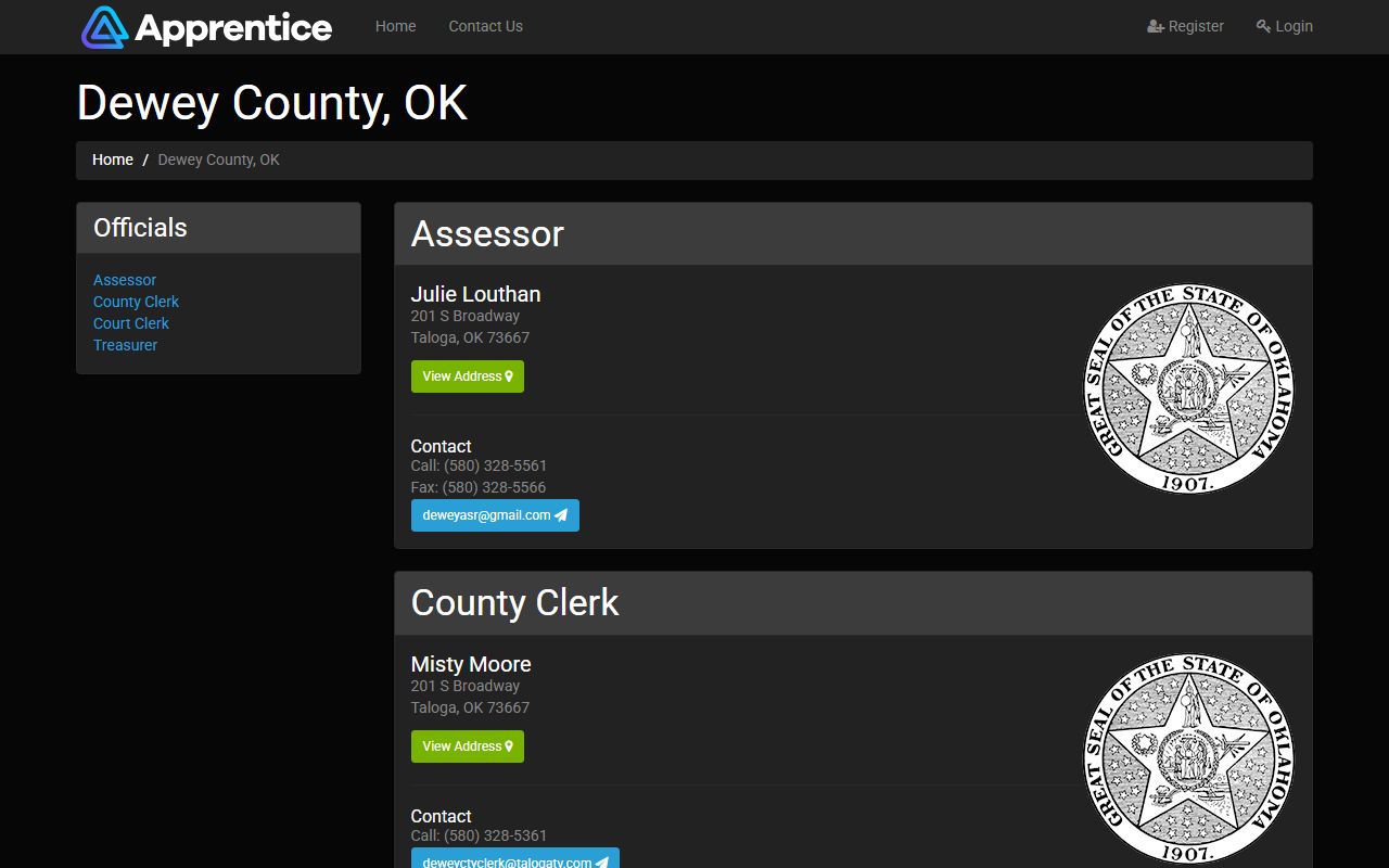 Dewey County court records after arrest Court Clerk contact page