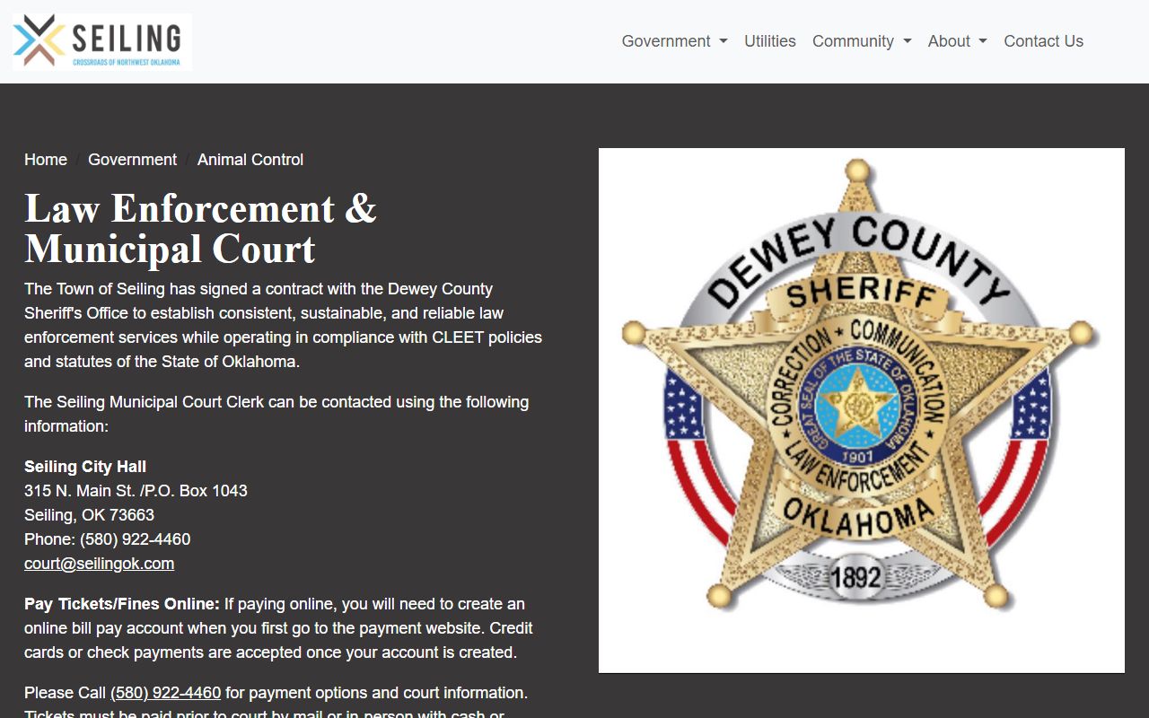Dewey County Jail inmate lookup source showing Seiling law enforcement contract with the sheriff