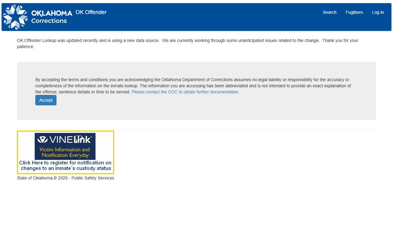 Oklahoma DOC OK Offender Lookup landing page for sentenced offender searches