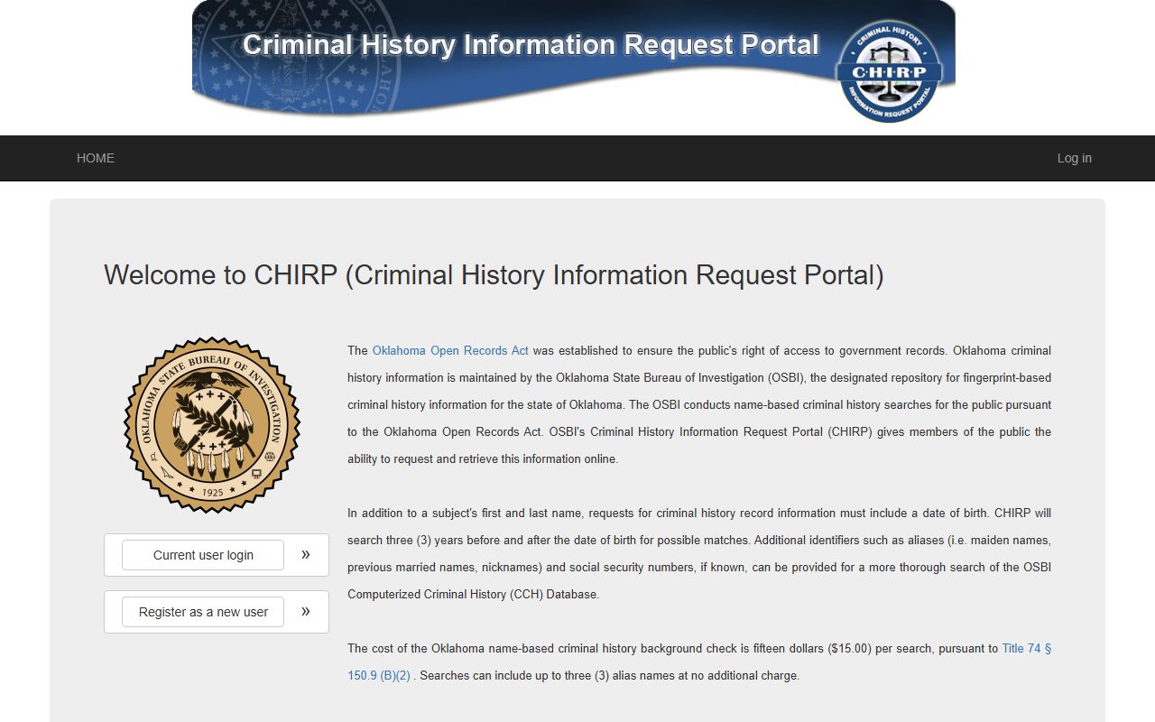 OSBI CHIRP criminal history request portal with search fields and account rules